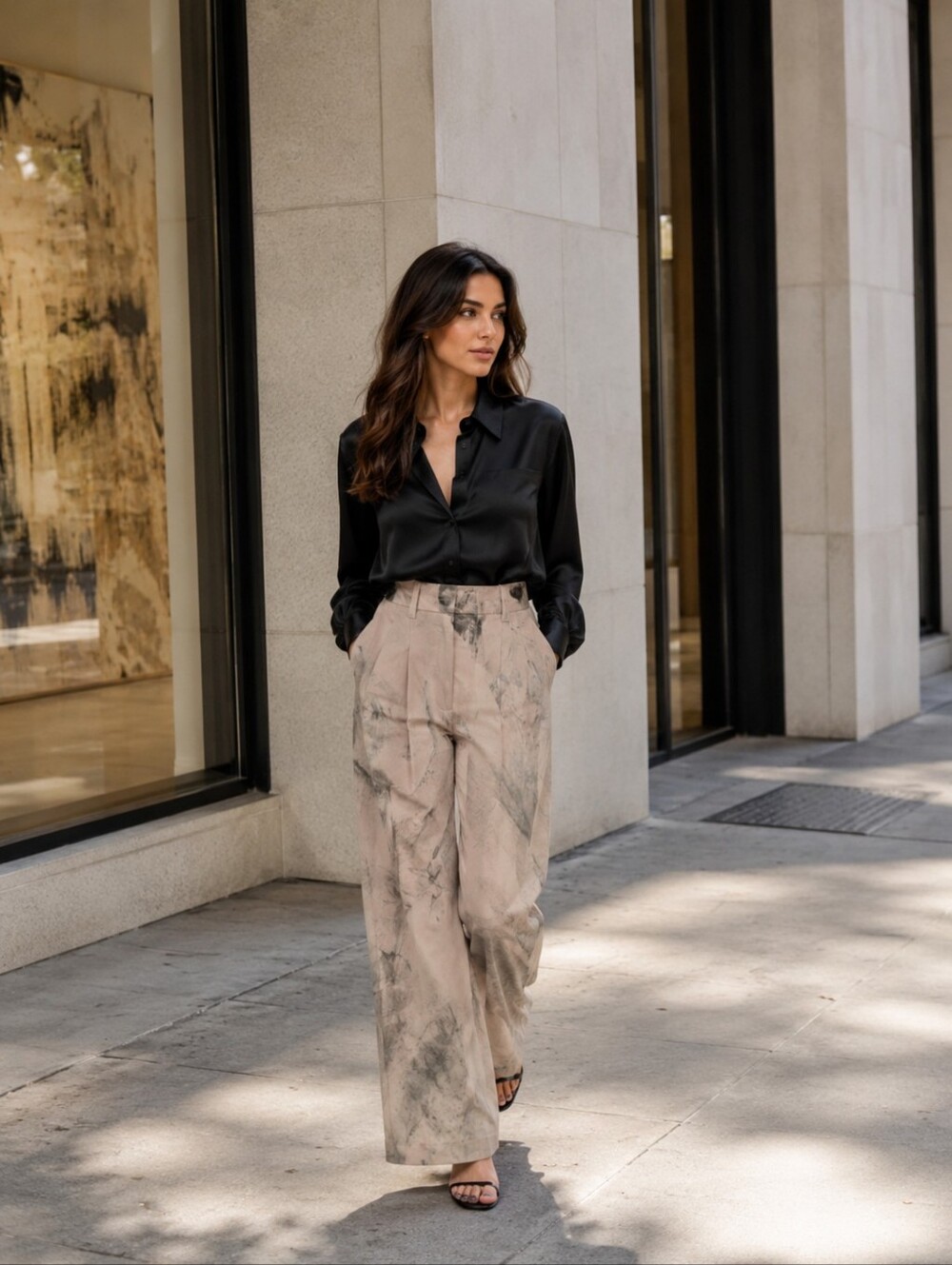 Wilfred Aritzia Effortless Pants Crepe Pink Gray Tie Dye Marbled Smoke Trousers